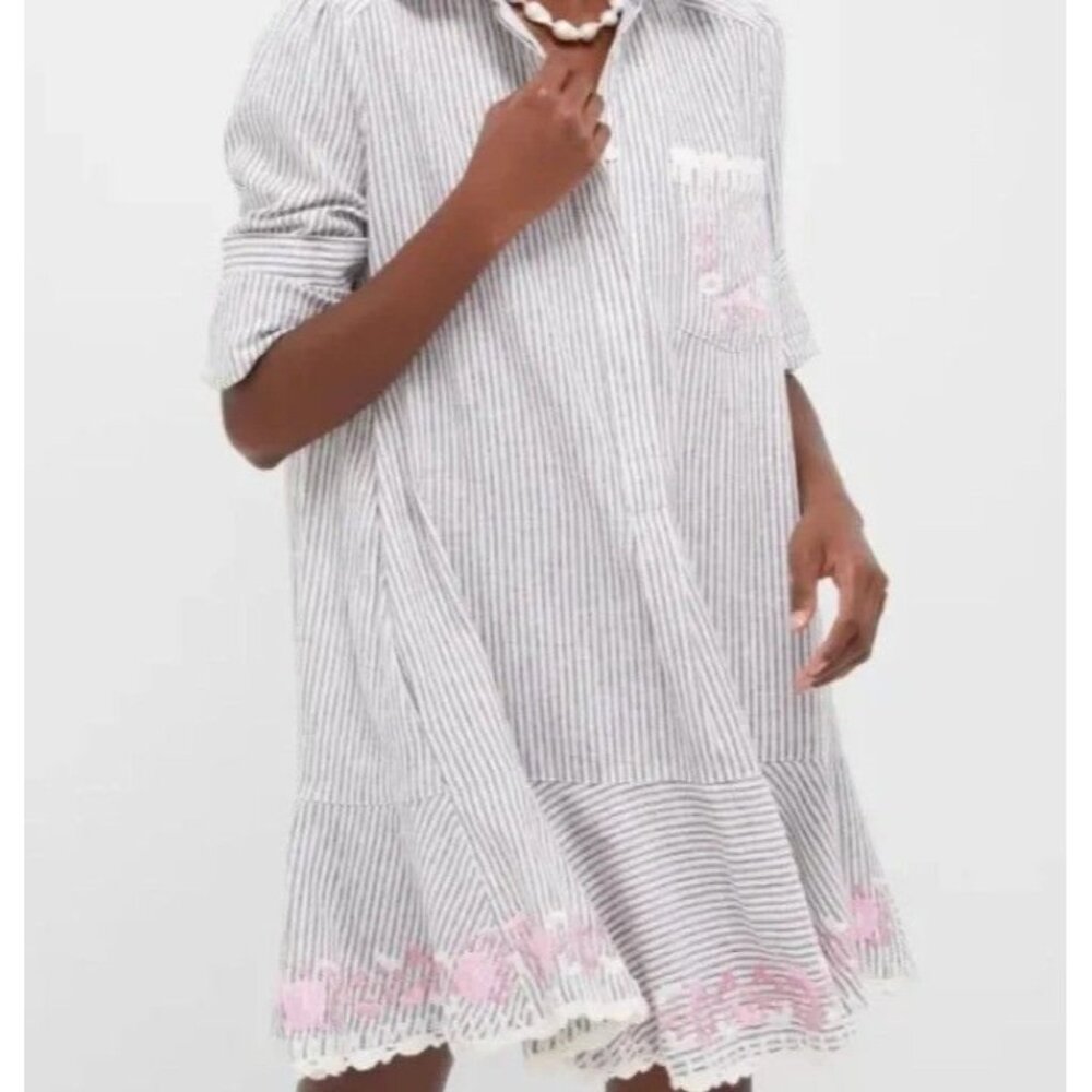 Nwt Tuckernuck Tan Stripe Embroidered Floral Callahan Shirt Dress Size L